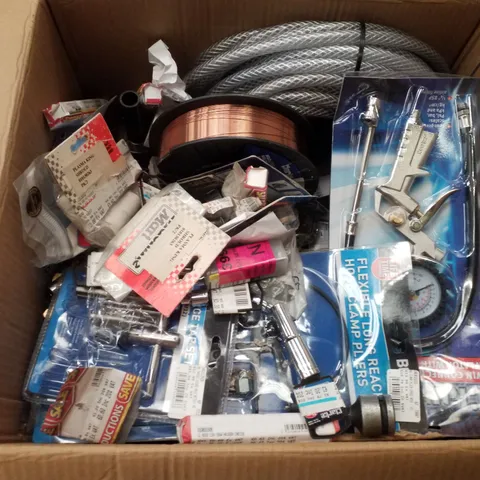 BOX CONTAINING MIXED PRODUCTS INCLUDING MIG WELDING WIRE, TWIN CONNECTOR AIRLINE TYRE INFLATOR, 1/4" FILTER REGULATOR & PASSIVE INFRA-RED MOVEMENT DETECTOR