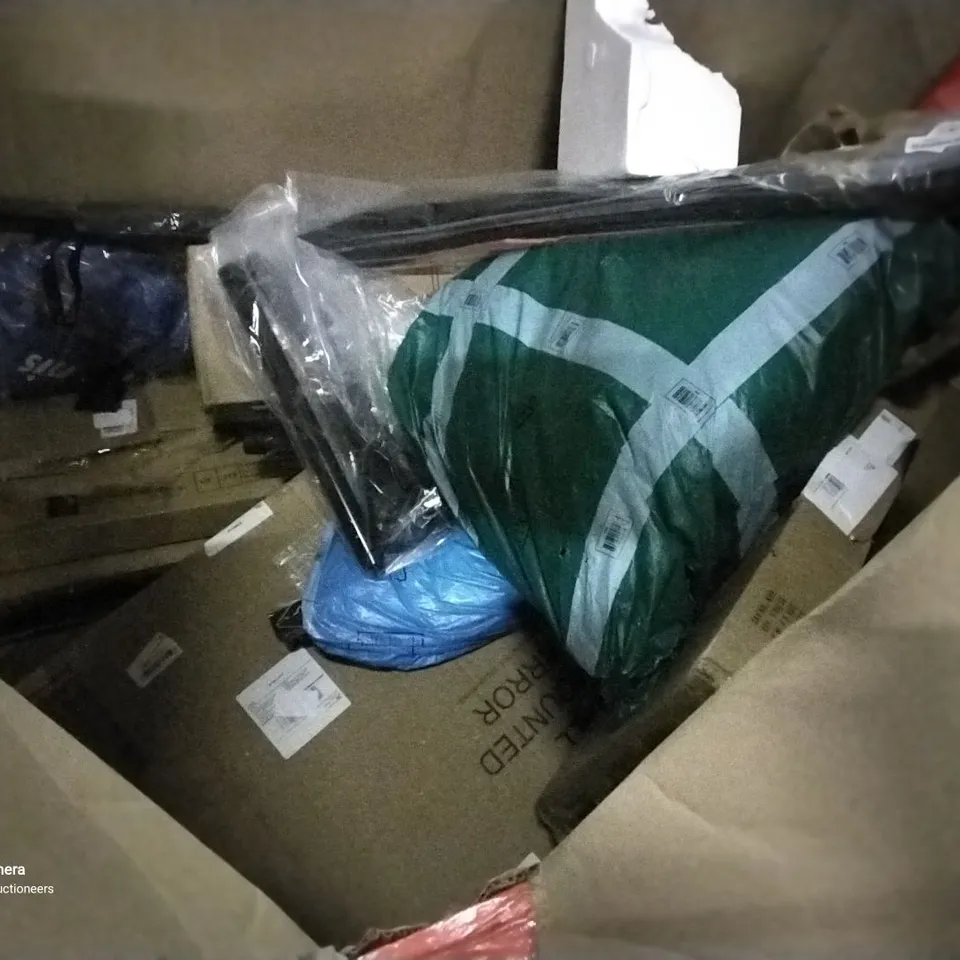 PALLET OF ASSORTED ITEMS INCLUDING SEKEY PARASOL, AIR MULTIPLIER TOWER FAN, CROYDEX TOILET SEAT, DOUBLE RAIL CLOTHING GARMENT RACK, WALL MOUNTED MIRROR 