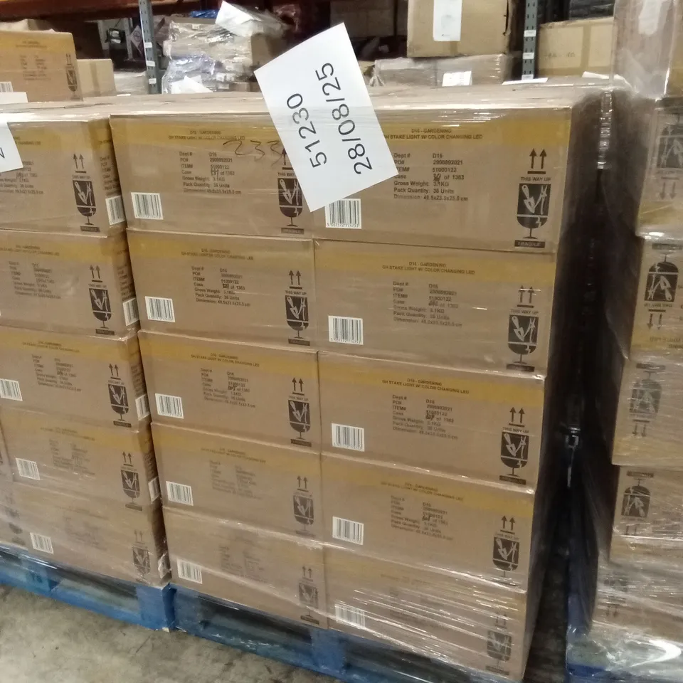 PALLET TO CONTAIN APPROXIMATELY 50 BOXES OF BRAND NEW GARDEN SOLAR STAKE LIGHTS // 36 STAKE LIGHTS PER BOX