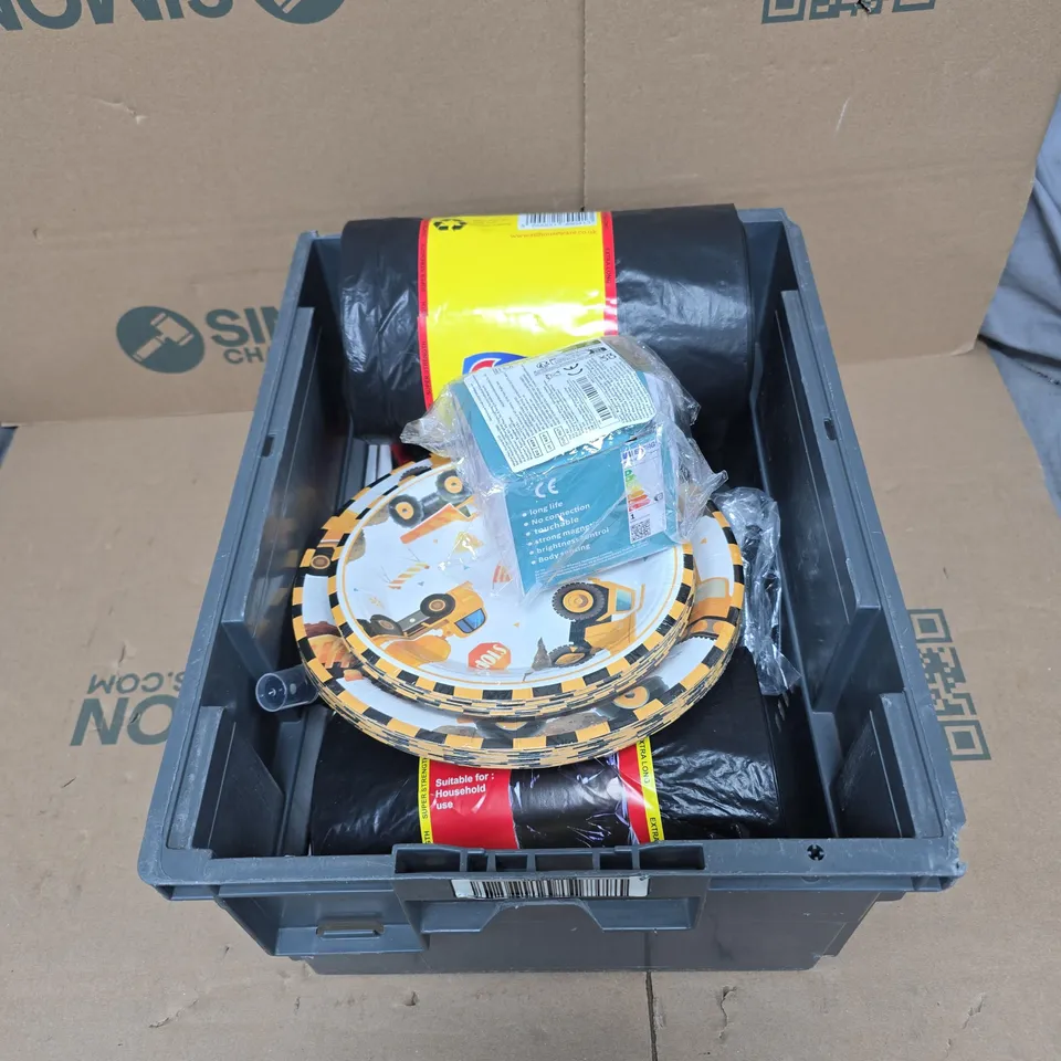 TOTE OF APPROXIMATELY 12 ASSORTED HOUSEHOLD ITEMS TO INCLUDE BIN BAGS, PAPERS PLATES, "CHRISTMAS MORNING" SPRAY ETC