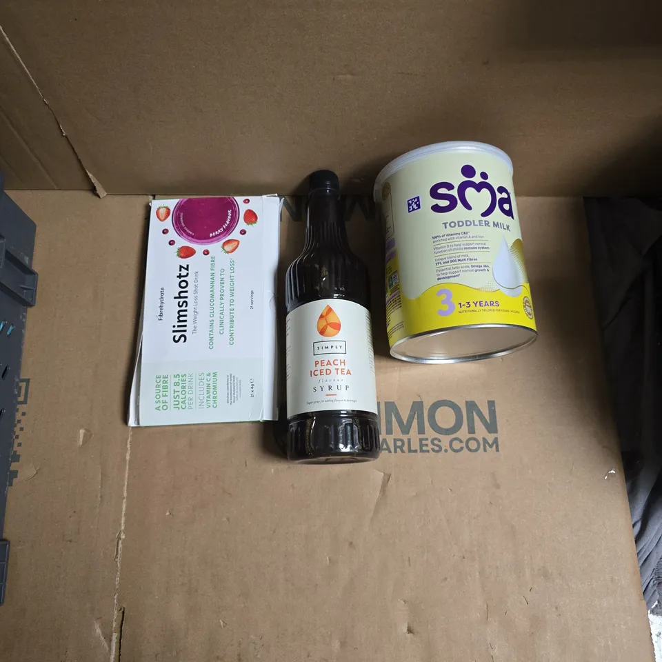 A TOTE OF APROXIMATELY 7 TO INCLUDE SMA TODDLER MILK, SLIMSHOTZ WEIGHT LOSS DRINK PEACH ICE TEA SYRUP.