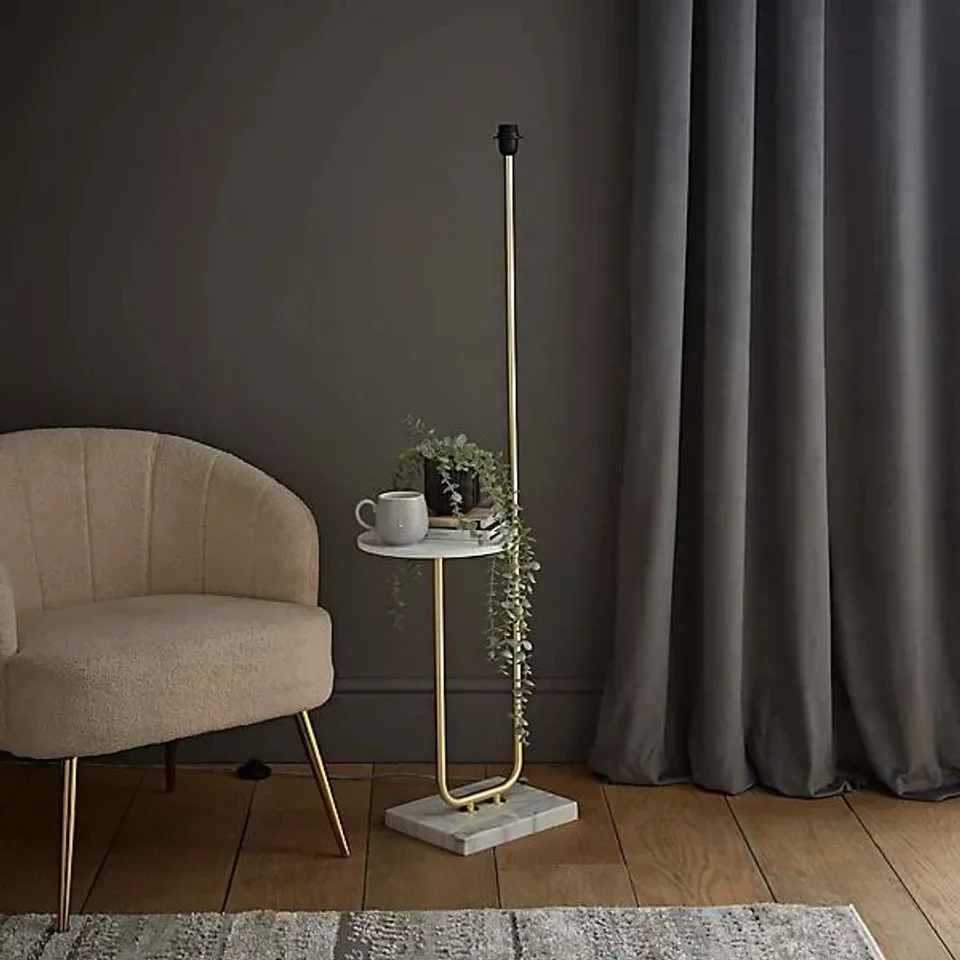 BOXED VALUELIGHTS TAVEL BRUSHED GOLD FLOOR LAMP WITH INTEGRATED TABLE