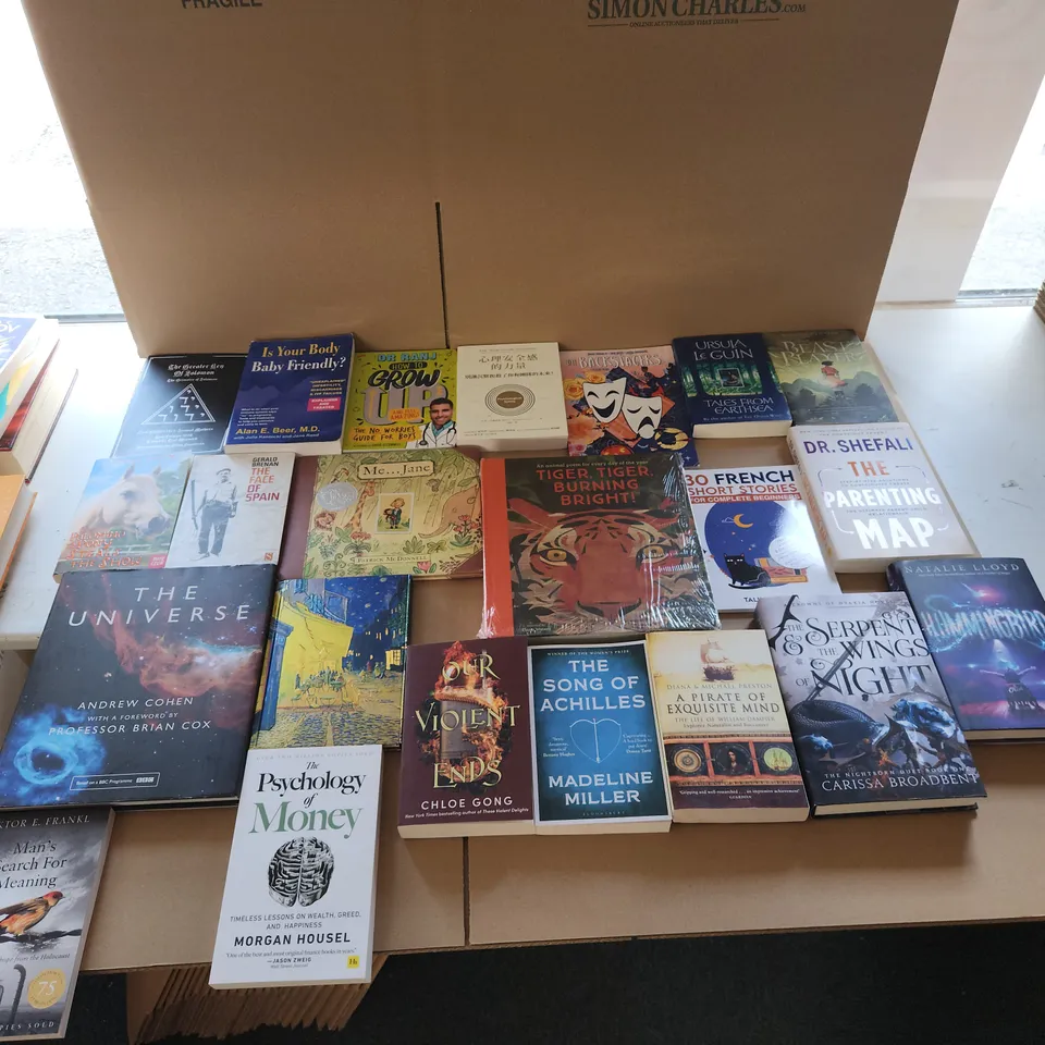 CAGE OF A SIGNIFICANT QUANTITY OF ASSORTED BOOKS BY STEPHEN KING, J. R. R. TOLKIEN, ANDRZEJ SAPKOWSKI, ISAAC ASIMOV, MADELINE MILLER, NATALIE LLOYD, URSULA LE GUIN, NAHOKO UEHASHI, ETC