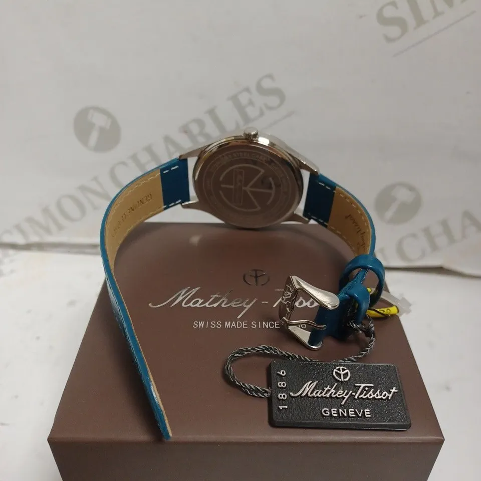 BOXED MATHEY-TISSOT WATCH - SWISS MADE - SAPPHIRE CRYSTAL - LEATHER STRAP - STAINLESS STEEL CASE - WATER RESISTANT 5 ATM.