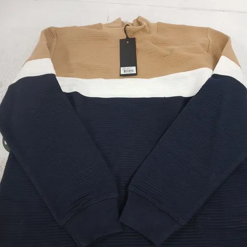 SOUL STAR - COLOUR-BLOCK NAVY KNIT JUMPER, SIZE L (BEIGE & WHITE STRIPE)