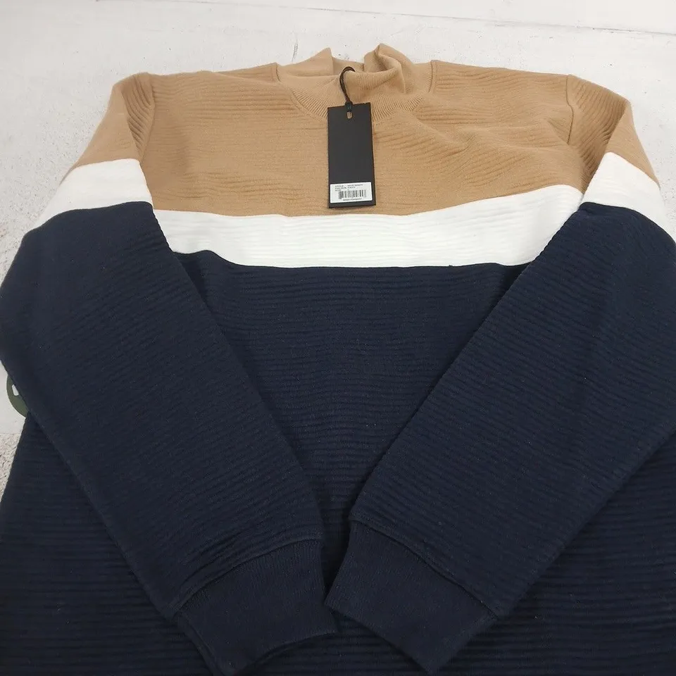 SOUL STAR - COLOUR-BLOCK NAVY KNIT JUMPER, SIZE L (BEIGE & WHITE STRIPE)