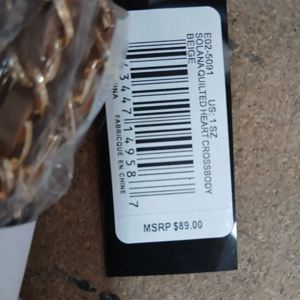 BEBE SOLANA QUILTED HEART CROSSBODY BAG – BEIGE FAUX LEATHER