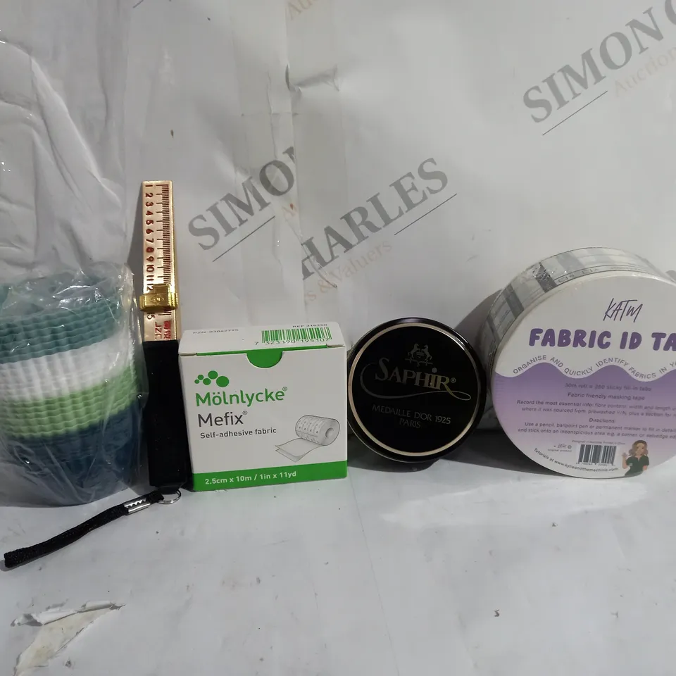 BOX OF APPROXIMATELY 8 ASSORTED ITEMS TO INCLUDE - FABRIC ID TAPE - CUPCAKE LINER - SAPHIR SHOE BLACKER ECT
