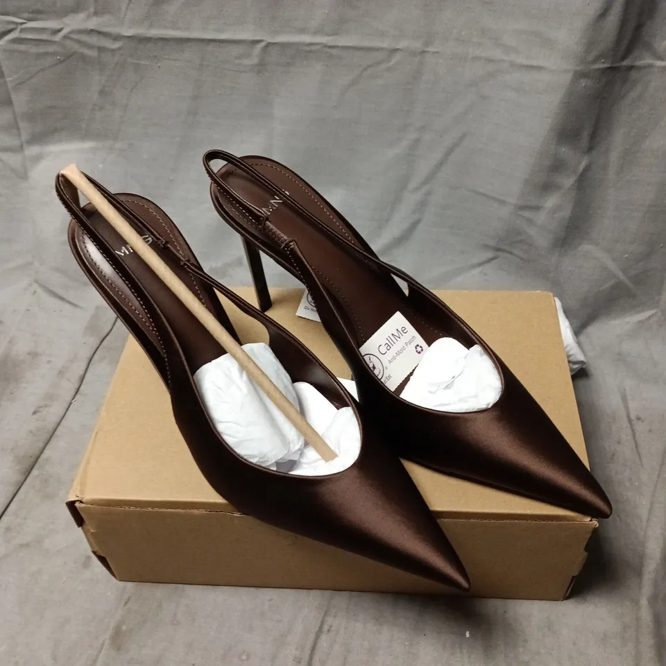 MNG BY MANGO WOMEN'S BROWN SATIN SLINGBACK HIGH HEELS – POINTED TOE SIZE 5 BOXED