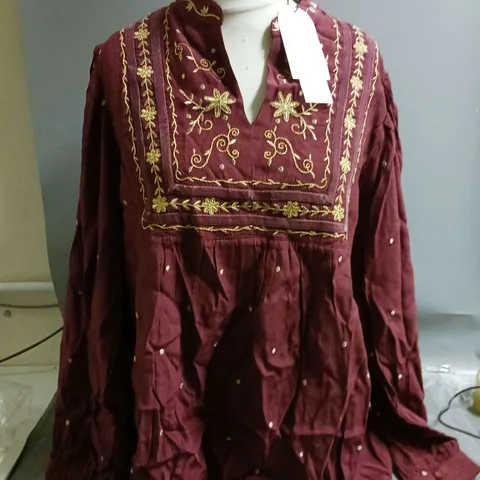 MONSOON LADIES LONG SLEEVED KAFTAN STYLE TOP DARK RED WITH GOLD DETAIL SIZE M