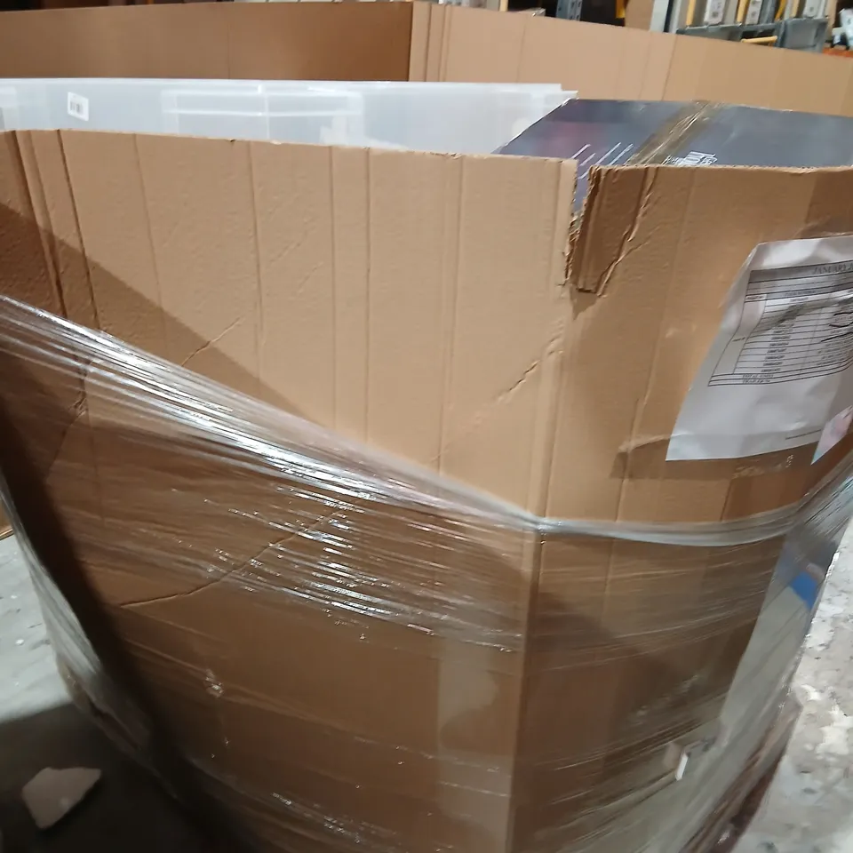 PALLET OF APPROXIMATELY 16 ASSORTED PRODUCTS TO INCLUDE; CUSHION GREEN, DINNER SET, KIDS ICE CREAM CART, TOWEL RAIL, 3 DRAWER TOWER, BOX AND LID CLEAR AND BEDSIDE TABLE