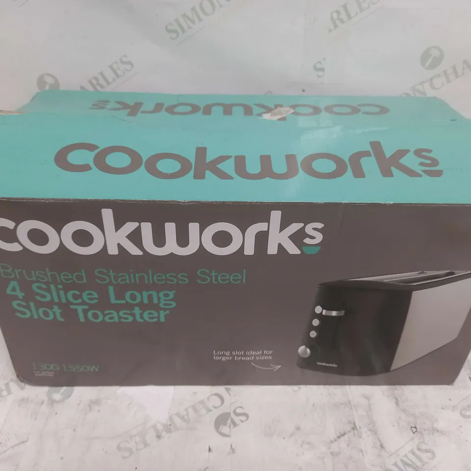 BOXED COOKWORKS BRUSHED STAINLESS STEEL 4 SLICE LONG SLOT TOASTER