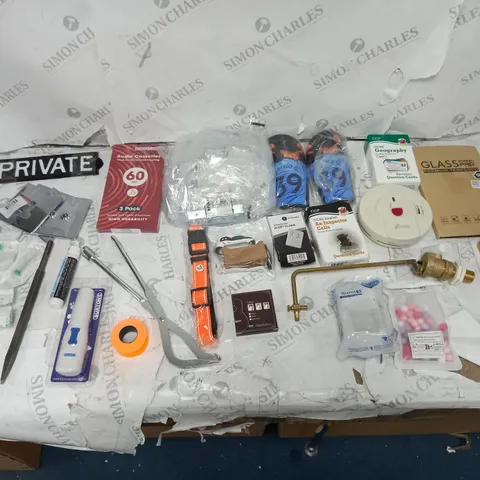 LOT OF APPROXIMATELY 12 ASSORTED HOUSEHOLD ITEMS TO INCLUDE 3 PACK AUDIO CASSETTES, PRIVATE SIGN, AND GCSE GEOGRAPHY CARDS ETC.