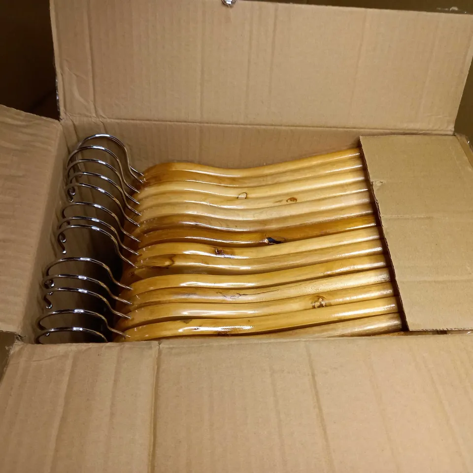 BOX OF APPROX 30 WOODEN COAT HANGERS 