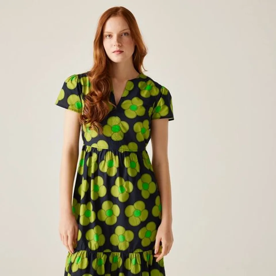 BRAND NEW REGATTA ORLA KIELY TIERED MIDI DRESS IN SPINNING FLOWER NAVY - UK 10