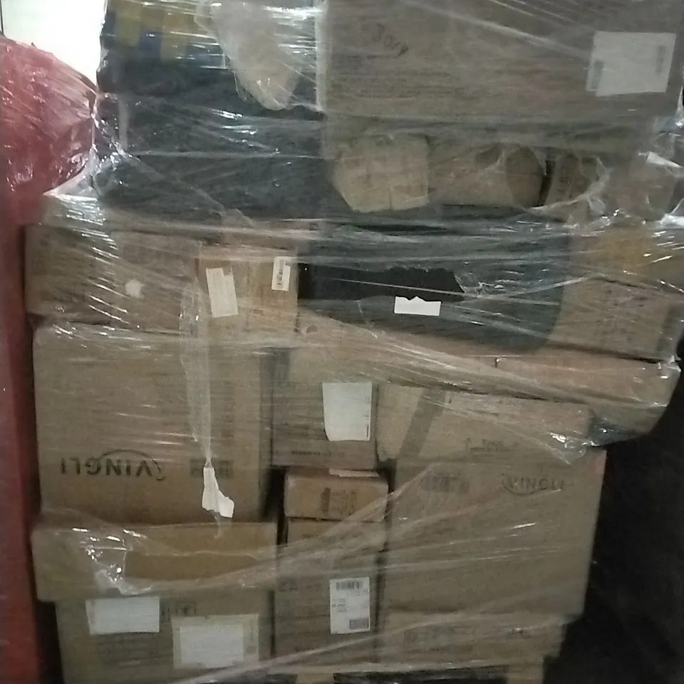 PALLET OF HOUSEHOLD ITEMS TO INCLUDE DINGLE SOFA CHAIR, OFFICE CHAIR AND OTHER ASSORTED ITEMS ETC...