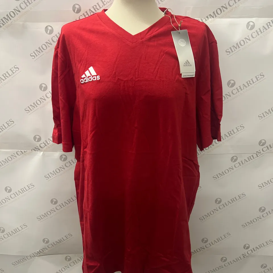 ADIDAS LOGO V-NECK T-SHIRT IN RED SIZE XL