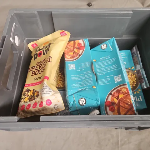 TOTE OF APPROXIMATELY 11 ASSORTED FOOD AND DRINK ITEMS TO INCLUDE ORGANIC SUPERFOOD BOOST , PLENISH SOYA , ETC 