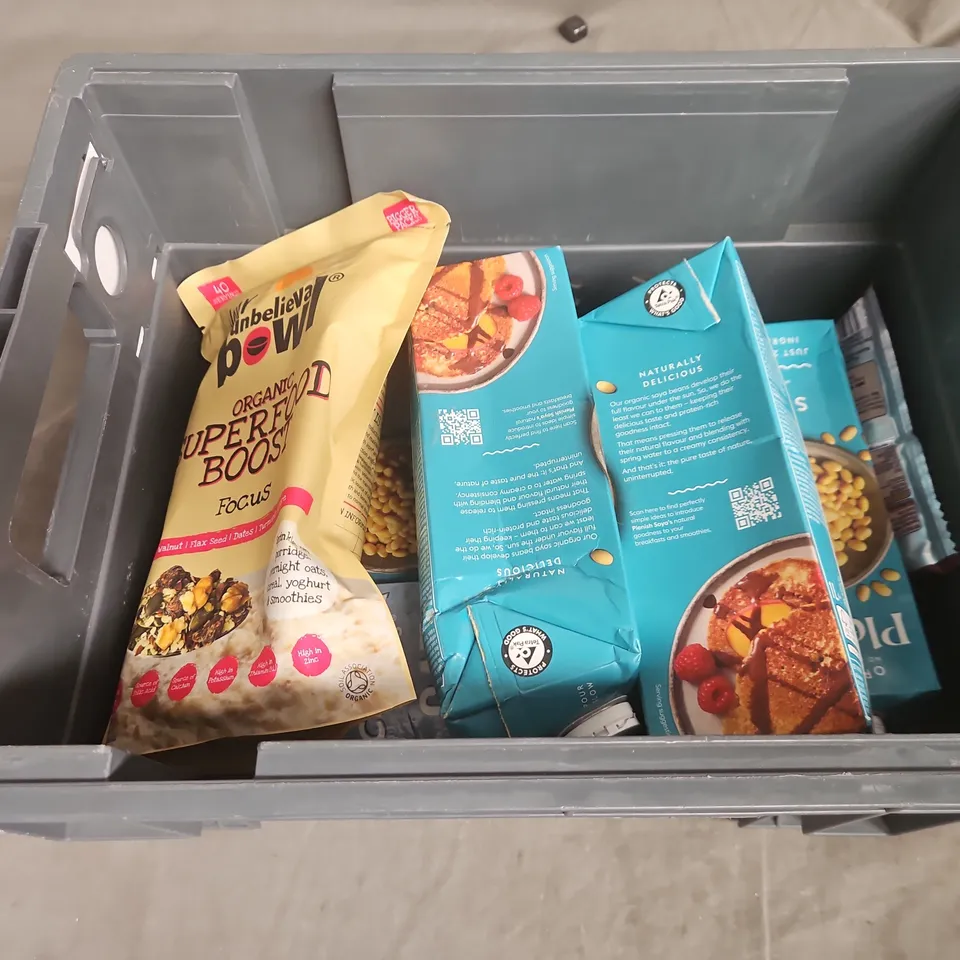 TOTE OF APPROXIMATELY 11 ASSORTED FOOD AND DRINK ITEMS TO INCLUDE ORGANIC SUPERFOOD BOOST , PLENISH SOYA , ETC