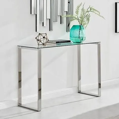 BOXED MIAMI MODERN RECTANGULAR CLEAR GLASS CONSOLE TABLE WITH SQUARE SILVER CHROME METAL LEGS FOR MINIMALIST LIVING ROOM OR HALLWAY