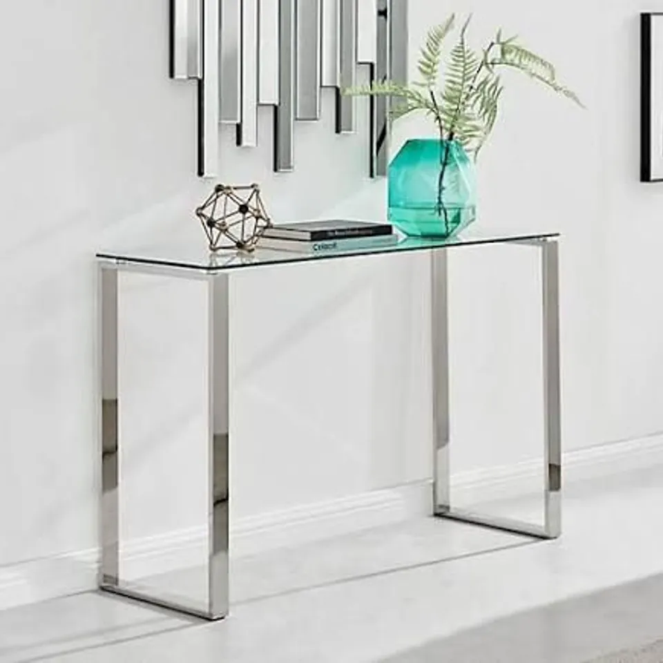 BOXED MIAMI MODERN RECTANGULAR CLEAR GLASS CONSOLE TABLE WITH SQUARE SILVER CHROME METAL LEGS FOR MINIMALIST LIVING ROOM OR HALLWAY