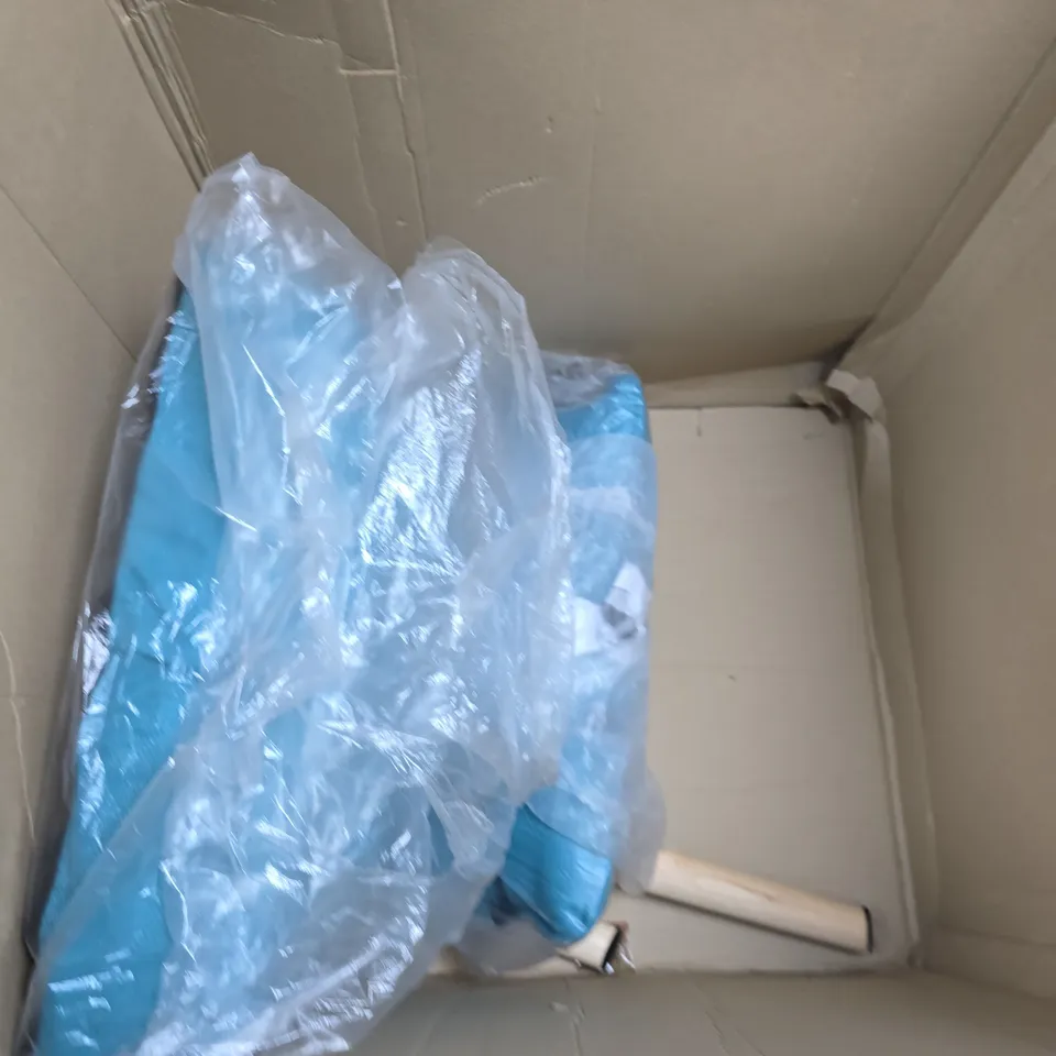 BOXED BLUE ARMCHAIR WITH BOLTS AND LEGS