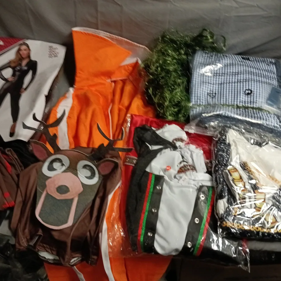 LOT OF ASSORTED FANCY DRESS UP ITEMS TO INCLUDE WET LOOK CAT SUIT