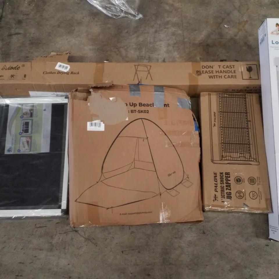 PALLET CONTAINING ASSORTED PRODUCTS INCLUDING CLOTHES DRYING RACK, ADJUSTABLE WINDOW SCREENS, BEACHTENTS, ELECTRIC SHOCK BUG ZAPPER & RETRACTABLE SAFTEY GATE