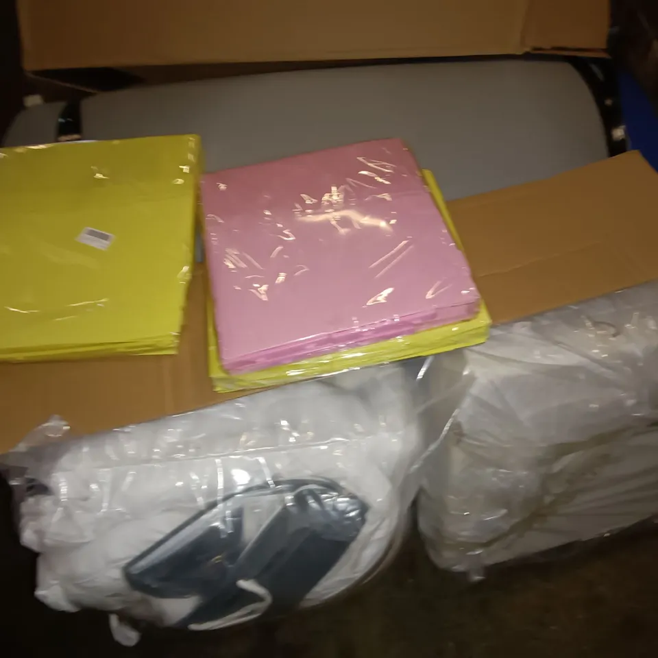 PALLET OF ASSORTED ITEMS TO INCLUDE OFFICE CHAIR, CLOTHES DRYER AND HOUSEHOLD FABRIC