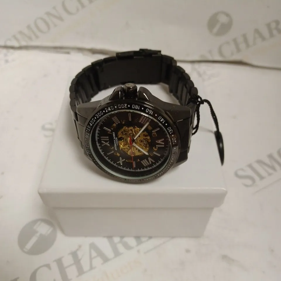 BOXED ANTHONY JAMES GENTS LIMITED EDITION TECHTONIC AUTOMATIC WATCH - STAINLESS STEEL - 3 ATM. 