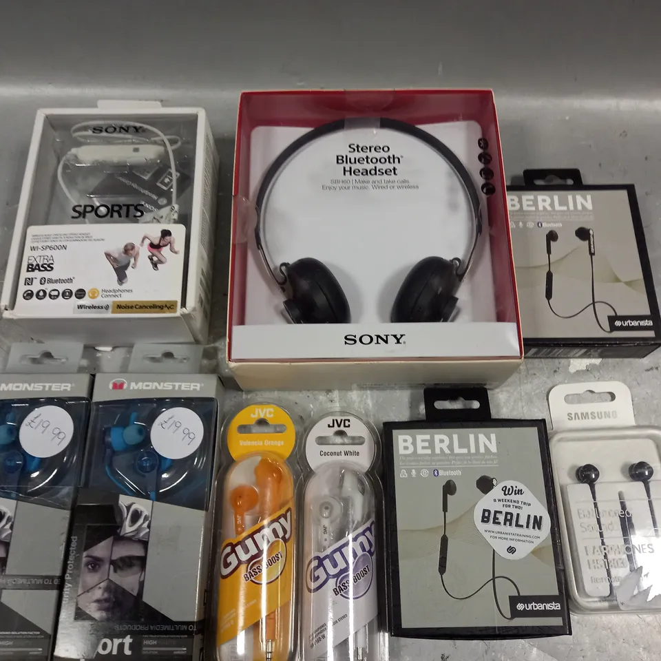 LOT OF 9 ASSORTED AUDIO ITEMS TO INCLUDE SONY HEADSET, JVC GUMMYS AND MONSTER SPORTS EARPHONES