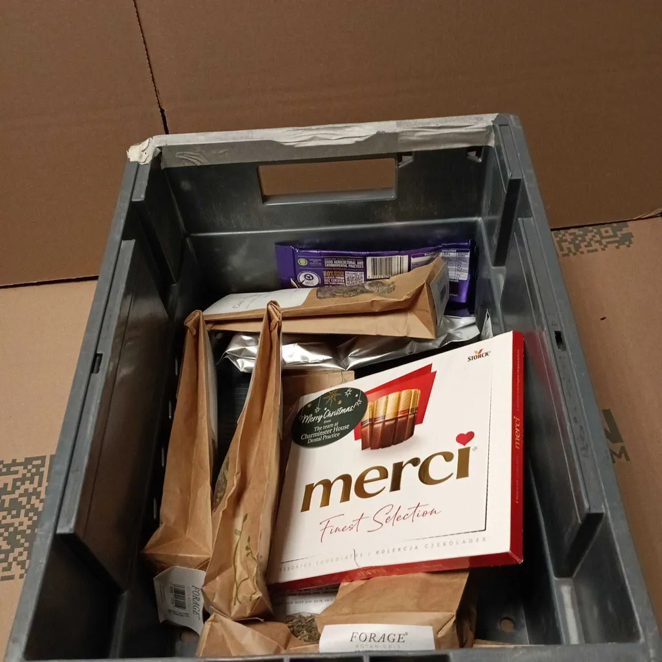 APPROXIMATELY 8 ASSORTED FOOD AND DRINK ITEMS TO INCLUDE COOL + CALM HERBAL TEA, MERCI FINEST SELECTION CHOCOLATES ETC