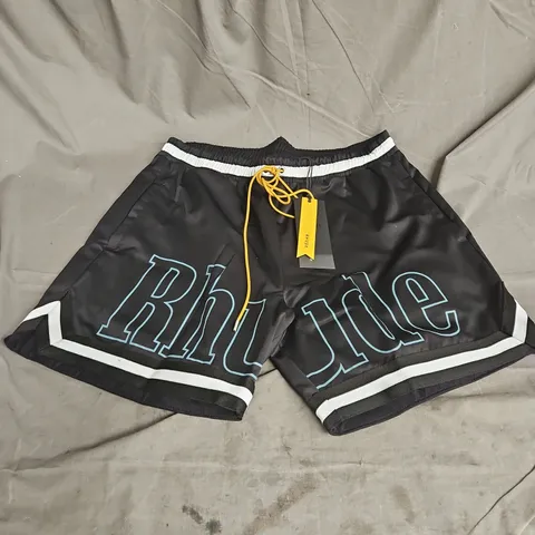RHUDE LOGO BASKETBALL SWIM SHORTS IN BLACK/WHITE/BLUE SIZE XL