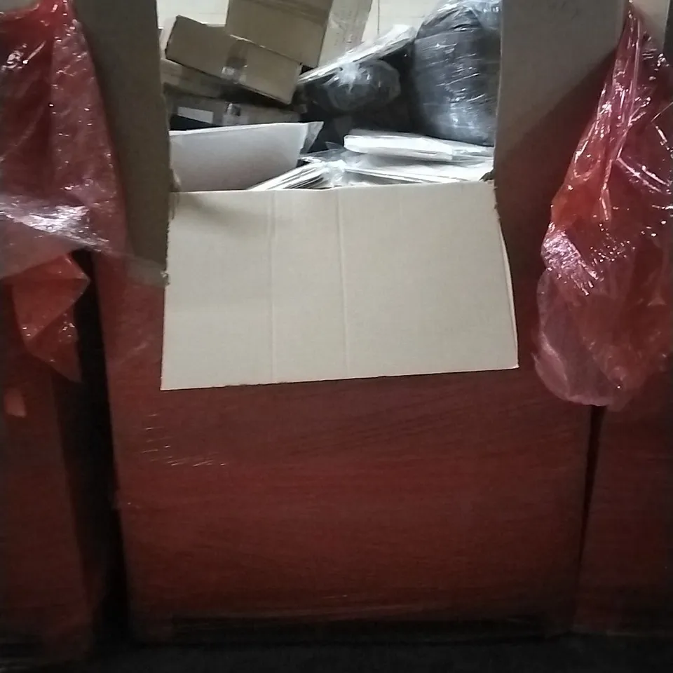 PALLET OF HOUSEHOLD ITEMS TO INCLUDE ELECTRIC FLOOR HEATING SYSTEM,MONTESSORI WOODEN KITCHEN BLUE,CONSOLE TABLE, TOILET SEAT AND FRAME AND OTHER ASSORTED ITEMS...