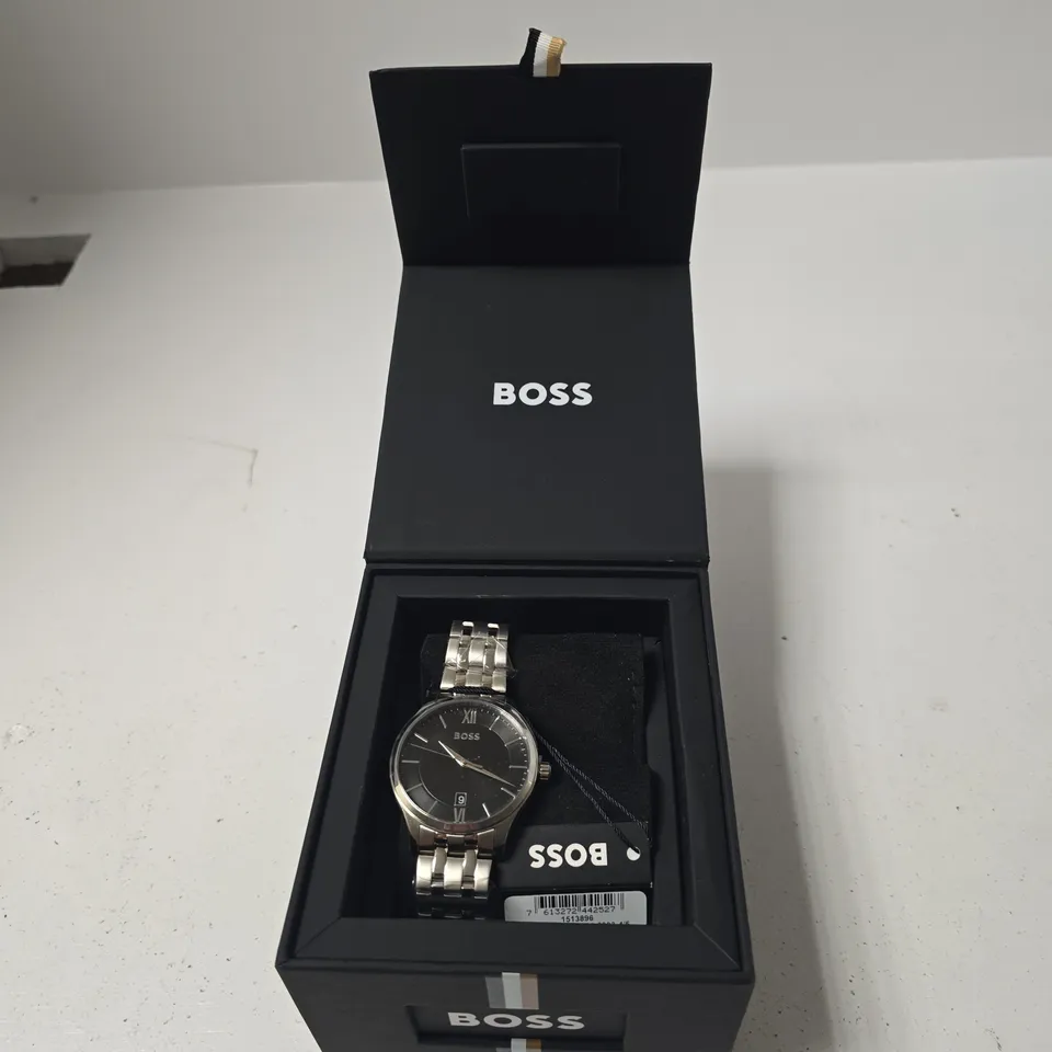 HUGO BOSS WRISTWATCH – STAINLESS STEEL BRACELET, BLACK DIAL (BOXED)