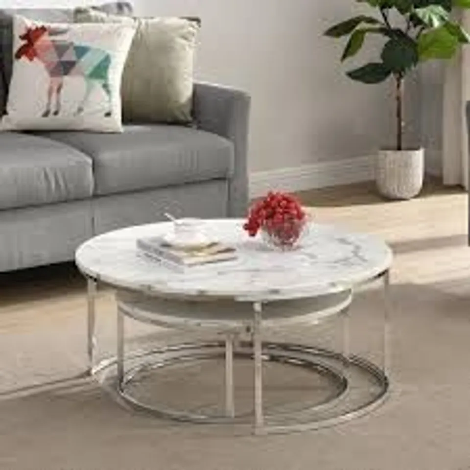 BOXED MYSTIQUE ROUND NEST OF 2 TABLE COFFEE TABLE SET WITH CHROME LEGS (1 BOX)
