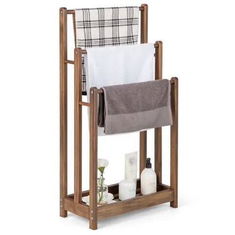 BOXED COSTWAY 3-TIER WOODEN TOWEL RACK FREESTANDING 3 BARS TOWEL DRYING HOLDER STORAGE SHELF - BROWN