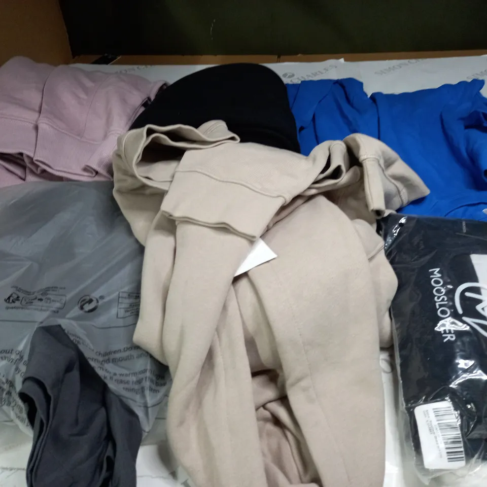 BOX OF ASSORTED CLOTHING ITEMS TOO INCLUDE JUMPERS, SHIRTS AND TROUSERS IN VARIOUS SIZES AND COLOURS   