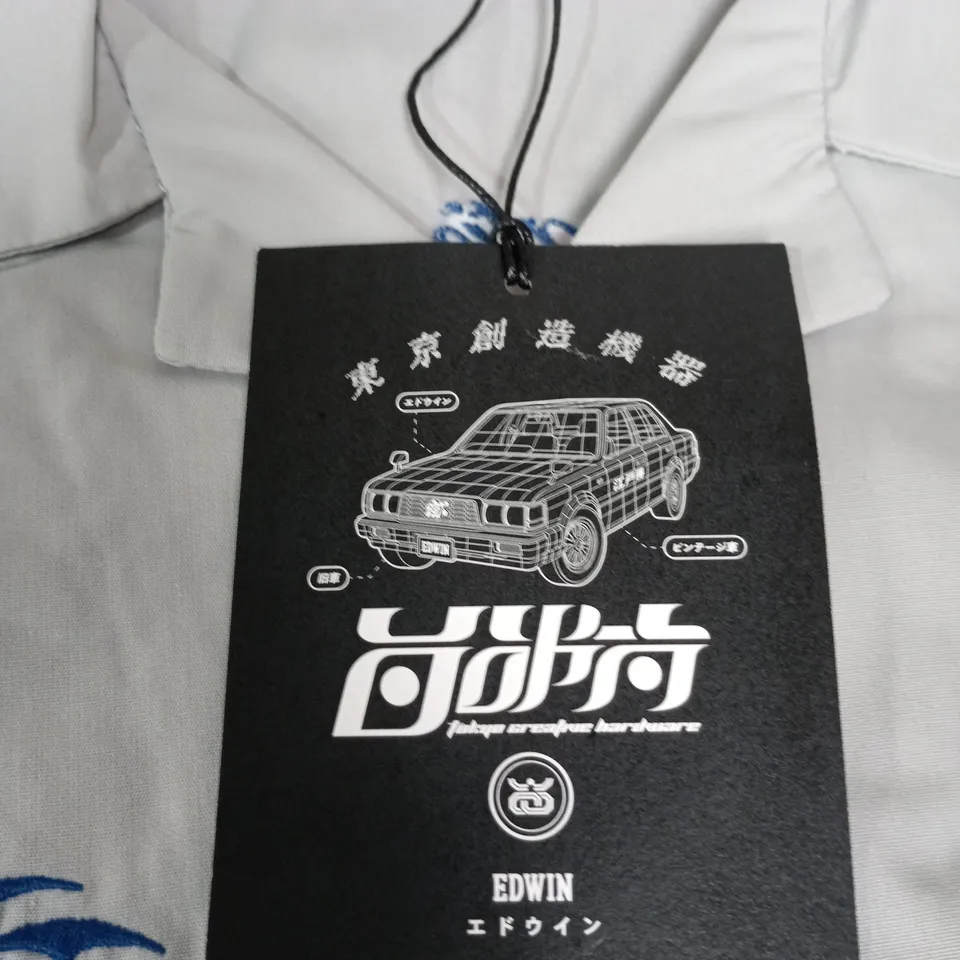 EDWIN STAFF UNIFORM SHIRT – LIGHT GREY, M, WITH AKIBA AUTOS & TOKYO CREATIVE HARDWARE EMBROIDERY