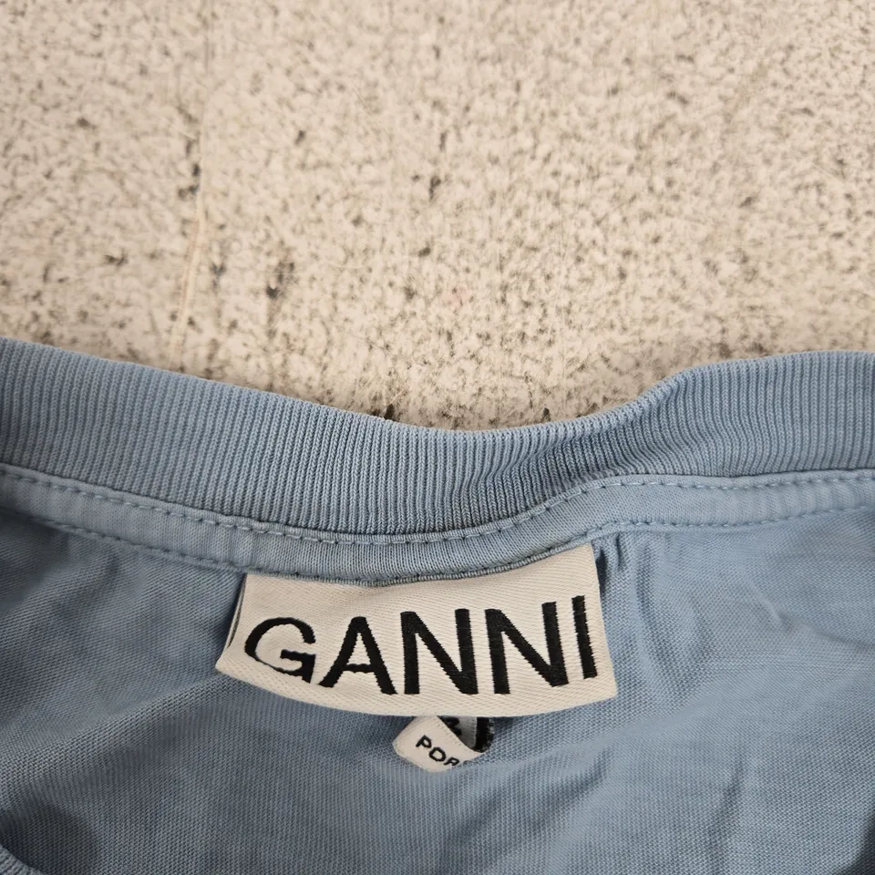 GANNI BLUE COTTON T-SHIRT WITH TIGER GRAPHIC – HAVE A NICE DAY! – SIZE 4XL