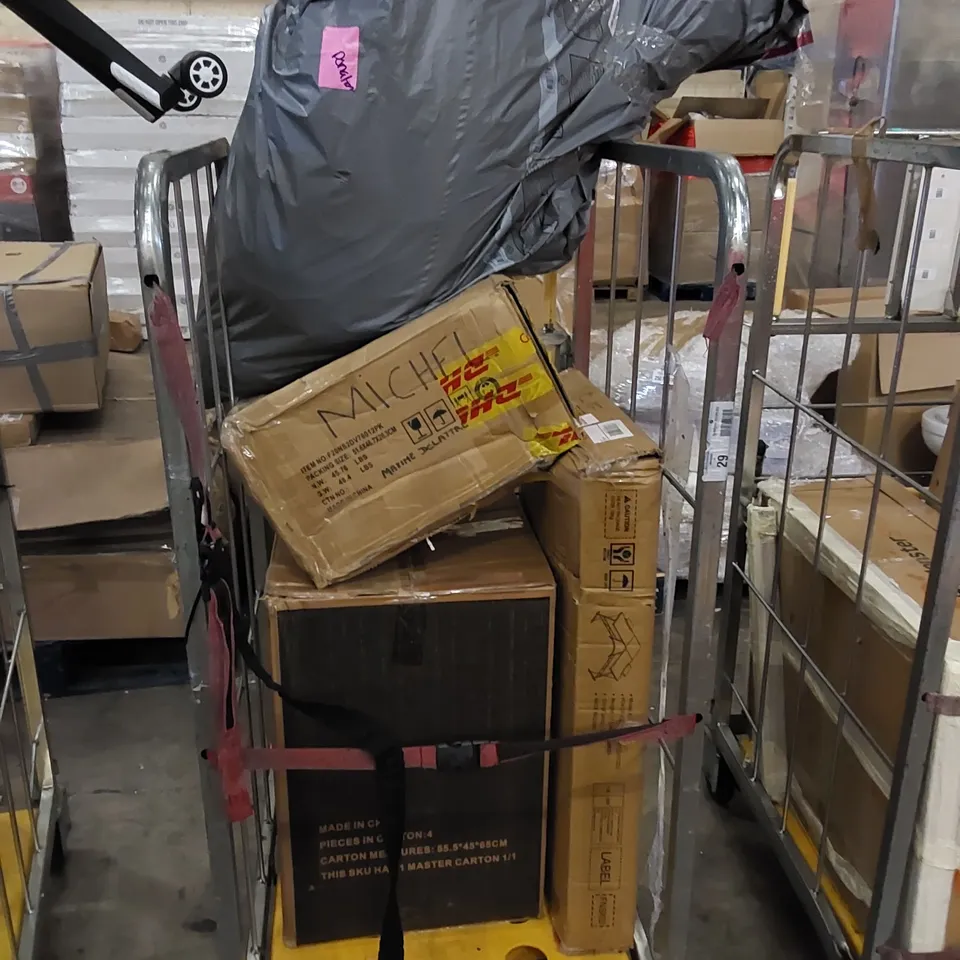 3 X CAGES TO CONTAIN ASSORTED HOUSEHOLD PRODUCTS. INCLUDES GAMING CHAIR, CORNER DESK, BAR STOOL ETC (CAGES NOT INCLUDED)