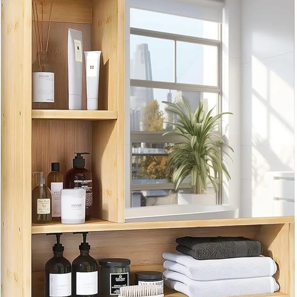 BOXED UNHO BATHROOM CABINET WITH MIRROR: BATHROOM CABINET WITH STORAGE UNIT WITH HANGING SHELF WALL MEDICINE CABINET 55.5X16X61CM