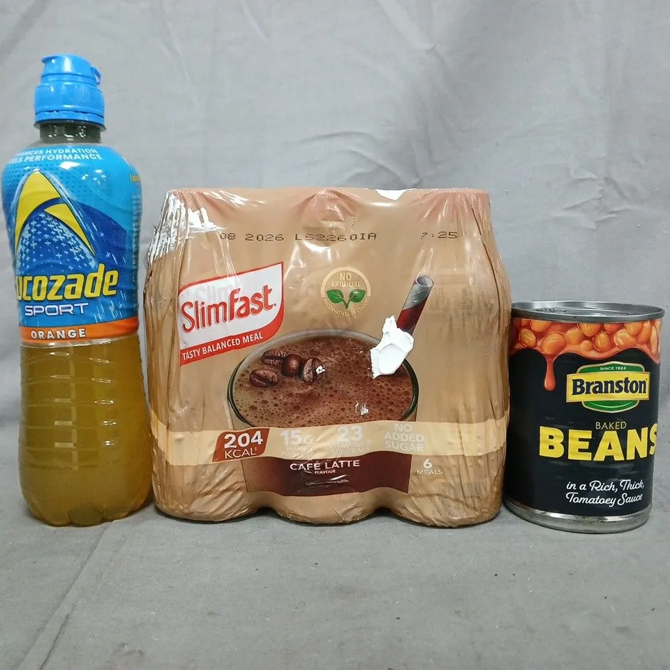 APPROXIMATELY 6 ASSORTED FOOD AND DRINK ITEMS TO INCLUDE BEANS, SLIMFAST, LUCOZADE, ETC