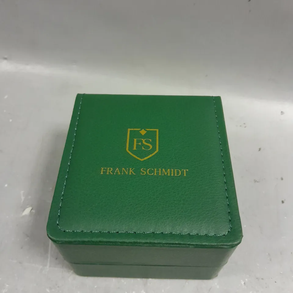 BOXED FRANK SCHMIDT LARGE BLACK CASE BLACK FACE WATCH
