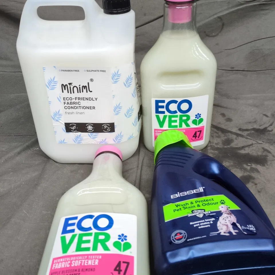 APPROXIMATELY 5 ASSORTED HOUSEHOLD LIQUID PRODUCTS TO INCLUDE FABRIC CONDITIONER, PET ODOUR REMOVER, FABRIC SOFTENER ETC 