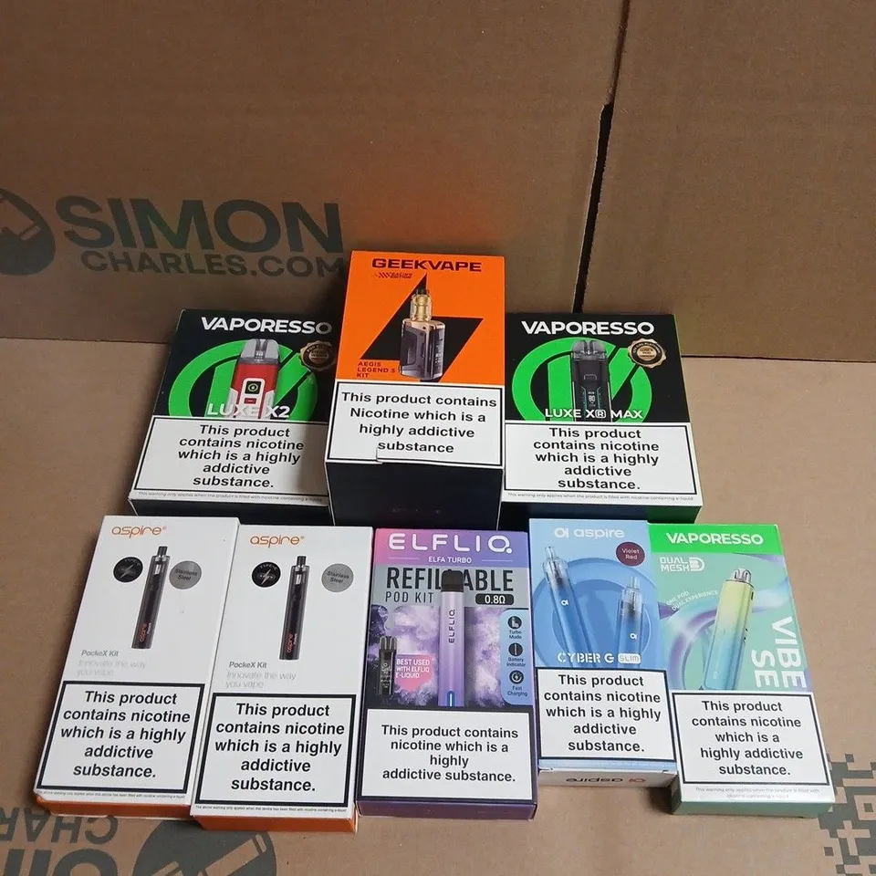 APPROXIMATELY 15 ASSORTED E-CIGARETTE PRODUCTS TO INCLUDE - GEEKVAPE , ASPIRE AND VAPORESSO 