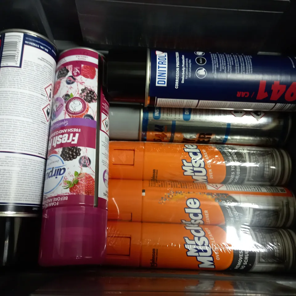 BOX OF APPROX 10 ASSORTED AEROSOLS INCLUDING DINITROL CORROSION PROTECTION, SUNDAE COCONUT CREAM, AIRPURE FRESH FOAM - COLLECTION ONLY