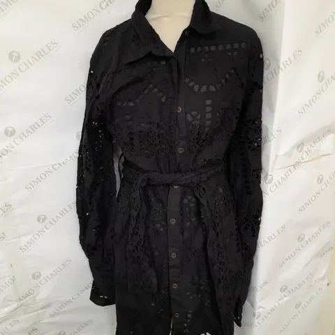 KAREN MILLEN COTTON BRODERIE BELTED MINI DRESS IN BLACK SIZE 14