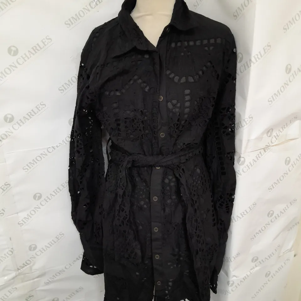 KAREN MILLEN COTTON BRODERIE BELTED MINI DRESS IN BLACK SIZE 14