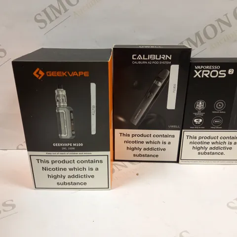 BOX OF APPROXMATELY 28 E-CIGARETTES AND LIQUIDS TO INCLUDE GEEKVAPE M100, CALIBURN A2 SYSTEM, VAPOROSSO XROS2, ETC